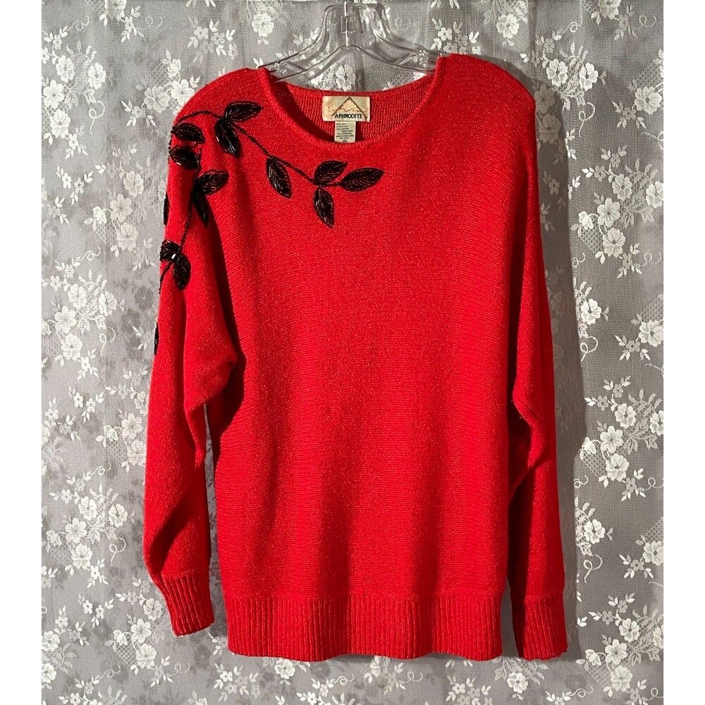 Vintage 80s Red & Blacked Beaded Sweater Size Medium Romantic Goth Silk Blend